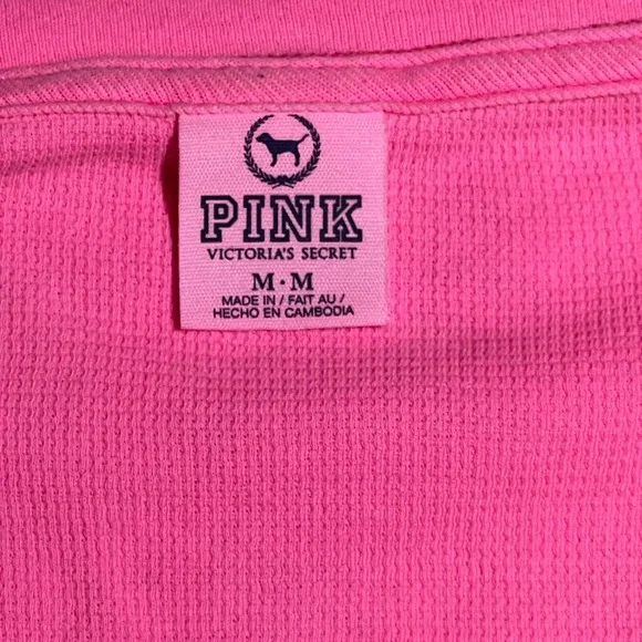PINK Victoria's Secret Waffle Knit Thermal V-Neck Top Neon Pink Medium - Picture 4 of 6